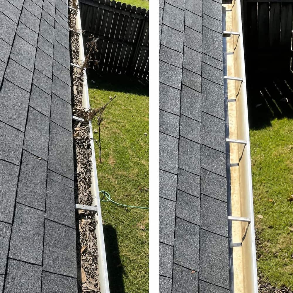 Before and after gutter cleaning with debris removed from a roofline