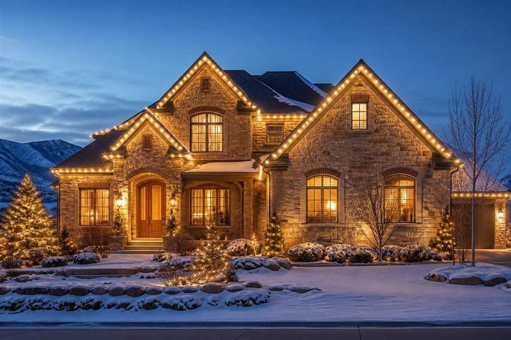 Home with warm white holiday lights along the roofline