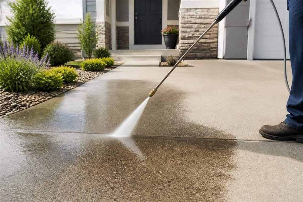 Pressure washing a concrete driveway and walkway