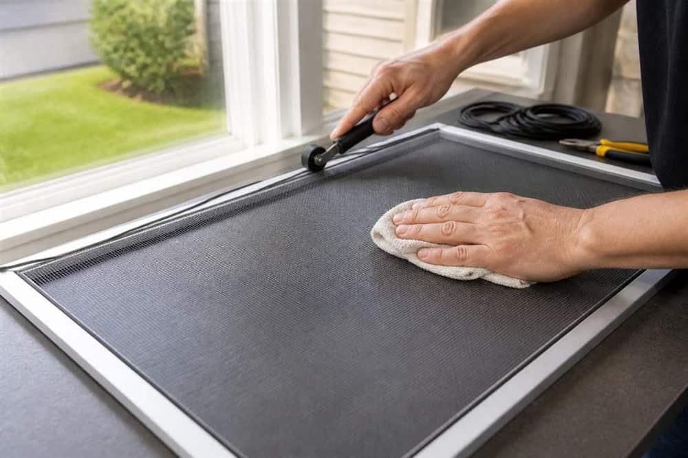 Window screen cleaning and repair with visible mesh