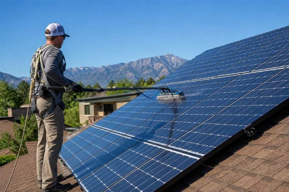 Solar panel cleaning on a Colorado rooftop